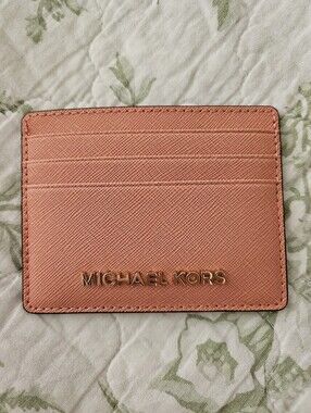 Michael Kors Coral-Peach Leather Card Holder with Gold Logo